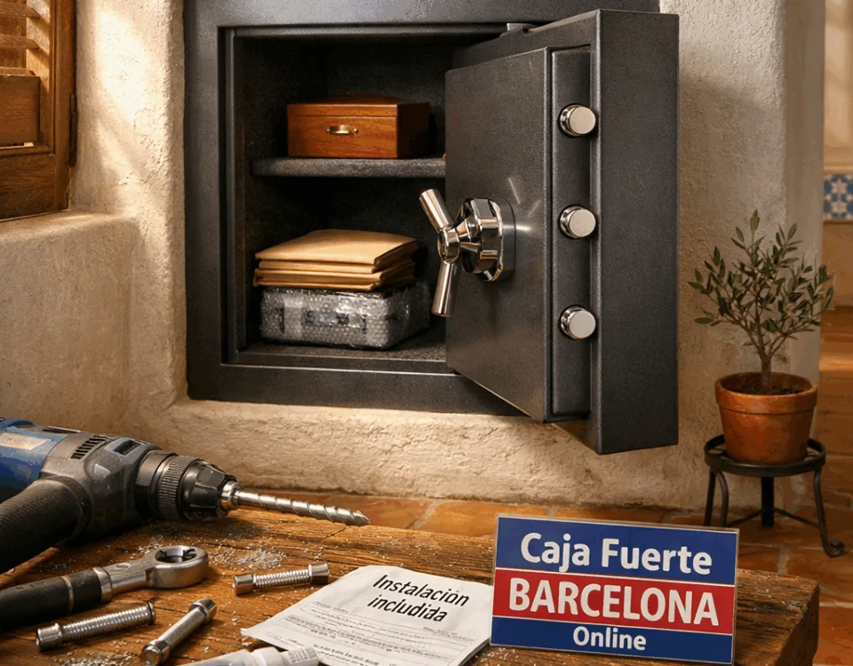 Escena doméstica con una caja fuerte de acero en una pared de estuco, herramientas de instalación y un ambiente cálido. Donde comprar una caja fuerte con instalacion incluida en Espana.
