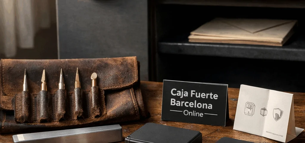 Mesa de trabajo con herramientas y una caja fuerte abierta, ideal para buscar servicios de cerrajería accesibles en Barcelona.