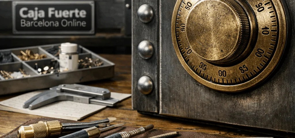 Taller clínico con un dial de acero y herramientas precisas; técnicas efectivas para abrir una caja fuerte sin dañar.