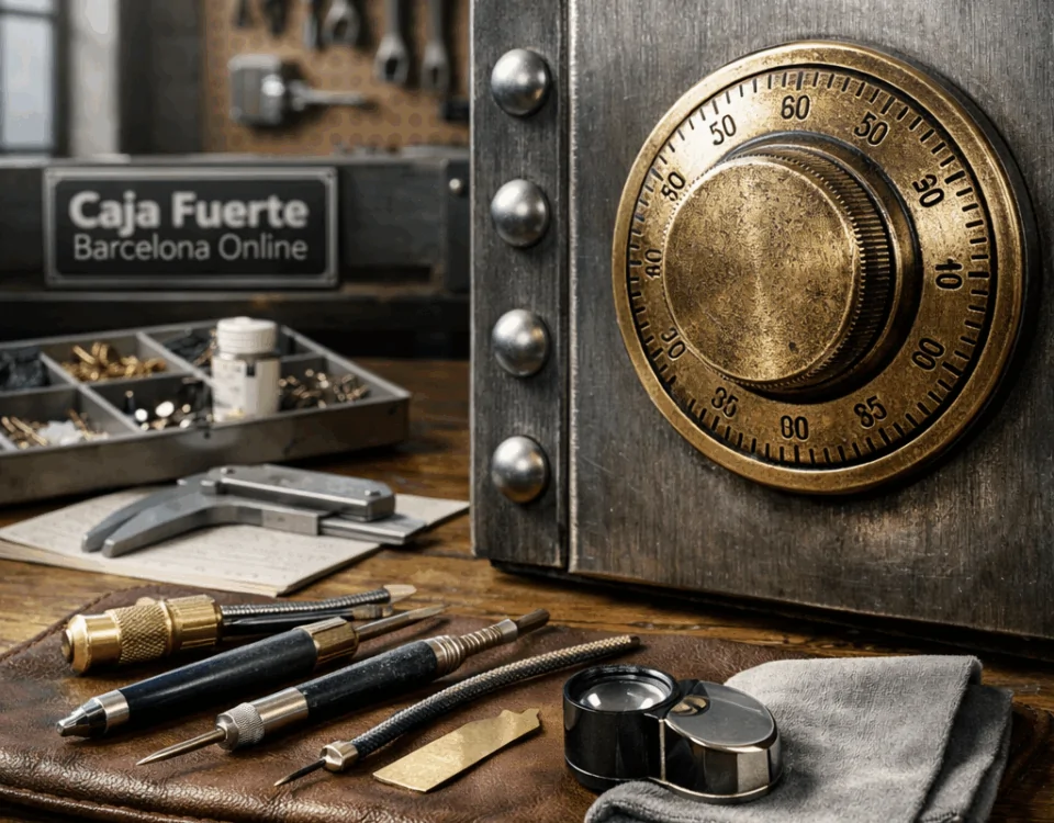 Taller clínico con un dial de acero y herramientas precisas; técnicas efectivas para abrir una caja fuerte sin dañar.