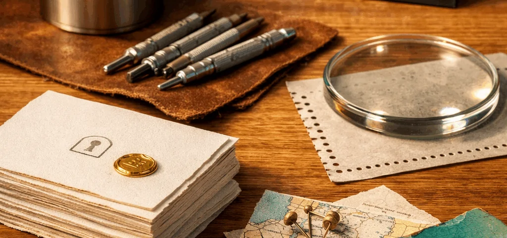 Estudio fotográfico de un kit de comparación sobre una mesa de roble, mostrando herramientas y un mapa de Barcelona. Como comparar servicios de reparación de cajas fuertes en Barcelona.