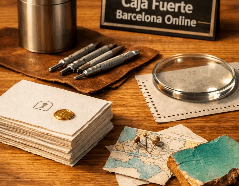 Estudio fotográfico de un kit de comparación sobre una mesa de roble, mostrando herramientas y un mapa de Barcelona. Como comparar servicios de reparación de cajas fuertes en Barcelona.