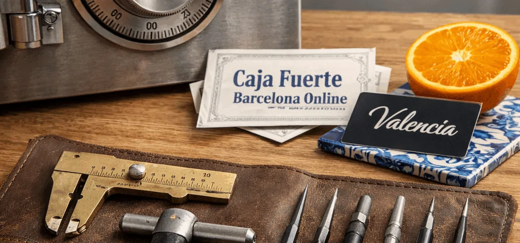 Escena metódica de apertura de caja fuerte en Valencia con herramientas precisas y ambiente de taller tranquilo.