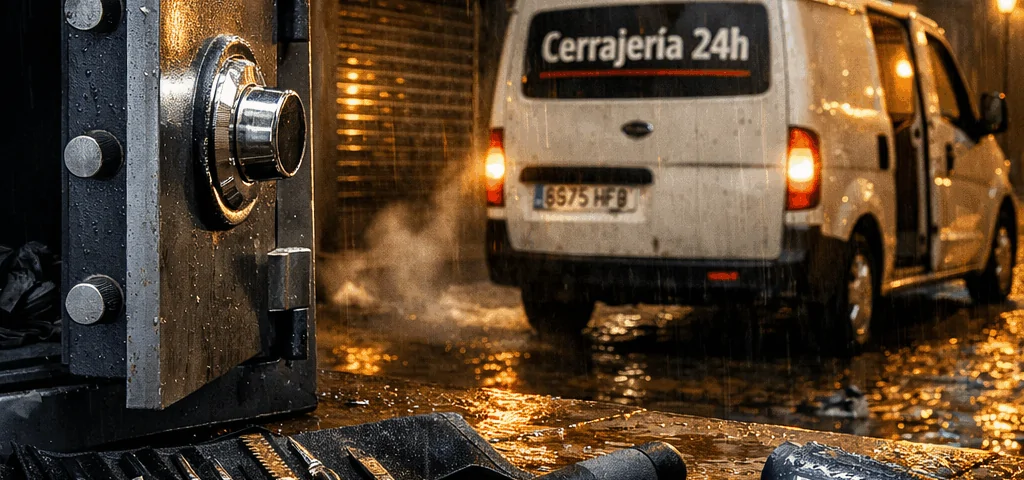 Escena nocturna con una caja fuerte abierta, herramientas de cerrajería y una furgoneta "Cerrajería 24h" en un ambiente lluvioso. Donde encontrar servicios de cerrajeria de cajas fuertes disponibles las 24 horas en España.