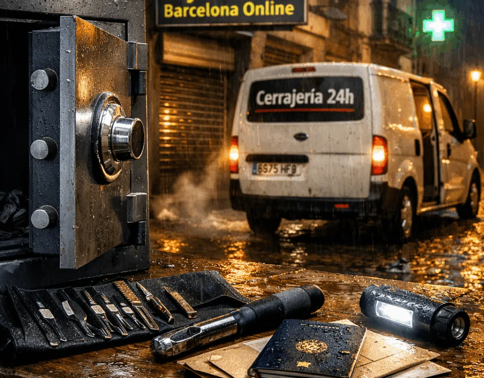 Escena nocturna con una caja fuerte abierta, herramientas de cerrajería y una furgoneta "Cerrajería 24h" en un ambiente lluvioso. Donde encontrar servicios de cerrajeria de cajas fuertes disponibles las 24 horas en España.