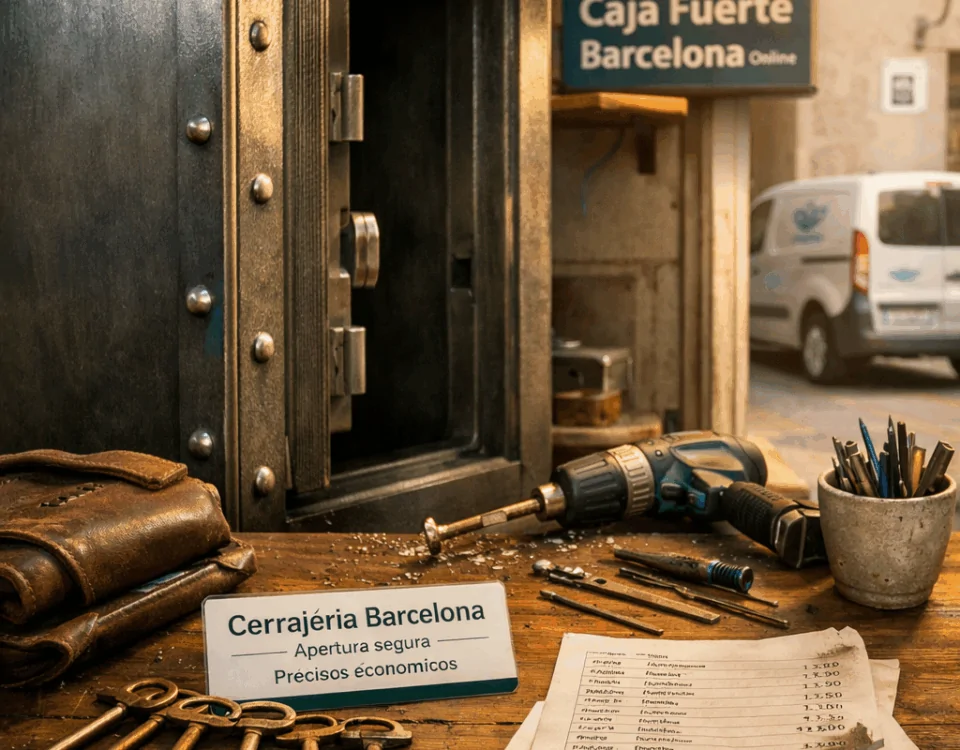 Caja fuerte de acero cepillado entre herramientas en un banco de trabajo, con un aviso de "Donde conseguir servicios de apertura de cajas fuertes a buen precio en Barcelona".