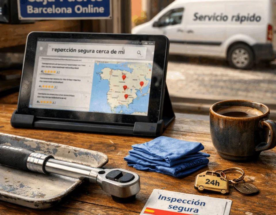 Taller ordenado con herramientas, tablet mostrando "Buscar empresas que ofrezcan reparación de cajas fuertes en España con atención rápida" y furgoneta de servicio en la calle.