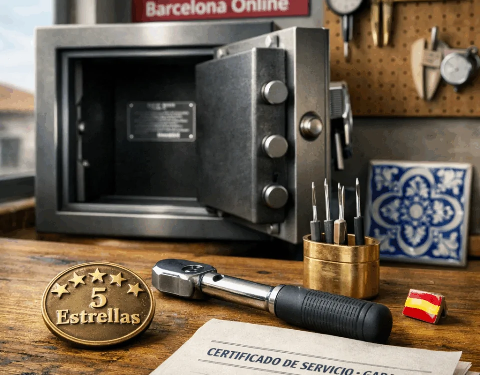 Banco de un cerrajero iluminado con una caja fuerte abierta y herramientas, ideal para comparar servicios de reparación de cajas fuertes en España, cuáles son los mejor valorados.