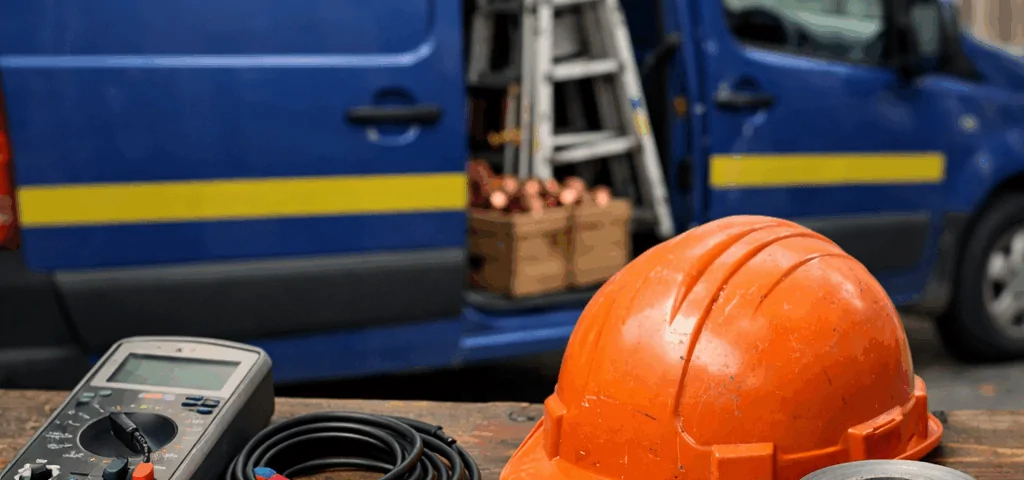 Escena de servicio en Barcelona: banco de trabajo con herramientas, furgoneta azul y arquitectura de fondo. Cuales son los servicios mas recomendados para la reparacion de cajas fuertes en Barcelona.