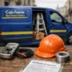 Escena de servicio en Barcelona: banco de trabajo con herramientas, furgoneta azul y arquitectura de fondo. Cuales son los servicios mas recomendados para la reparacion de cajas fuertes en Barcelona.