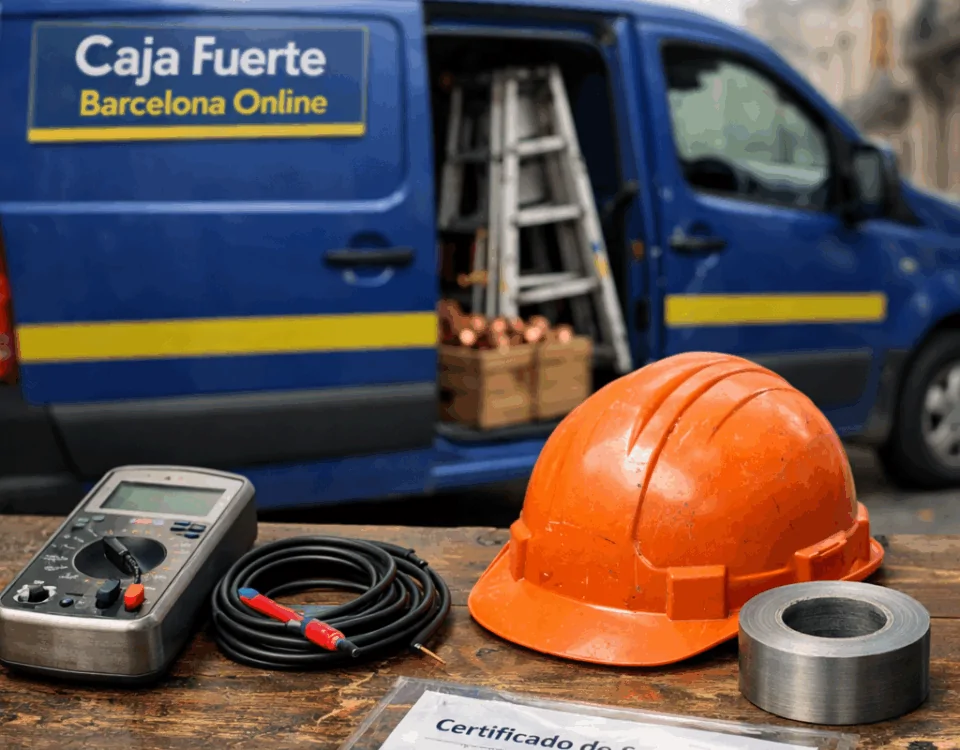 Escena de servicio en Barcelona: banco de trabajo con herramientas, furgoneta azul y arquitectura de fondo. Cuales son los servicios mas recomendados para la reparacion de cajas fuertes en Barcelona.