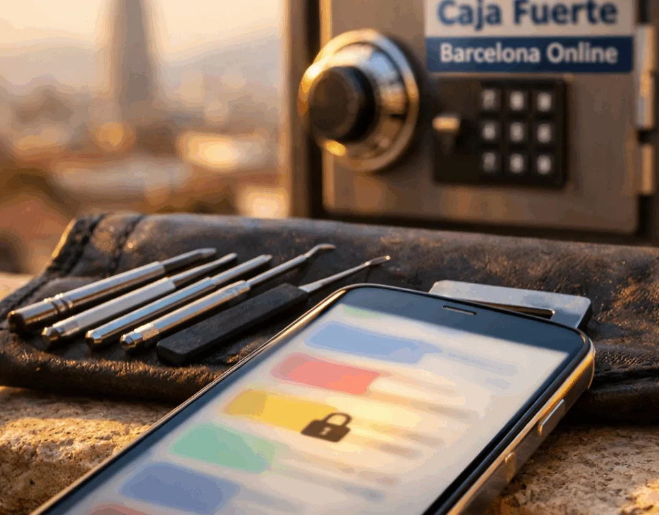 Primer plano de un teléfono en un balcón, buscando "Busca servicios de cerrajeria en Barcelona que ofrezcan reparacion de cajas fuertes".