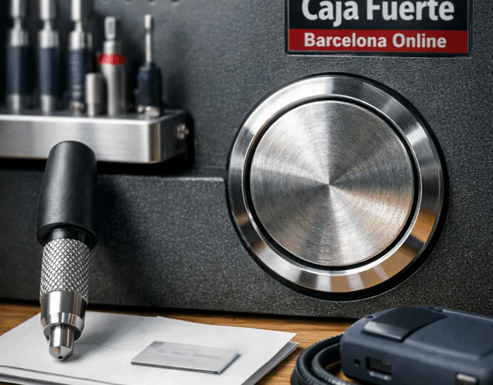 Técnico repara una caja fuerte en Barcelona, usando un destornillador en un taller ordenado. Cuales son los servicios de reparacion mas recomendados para cajas fuertes en Barcelona.