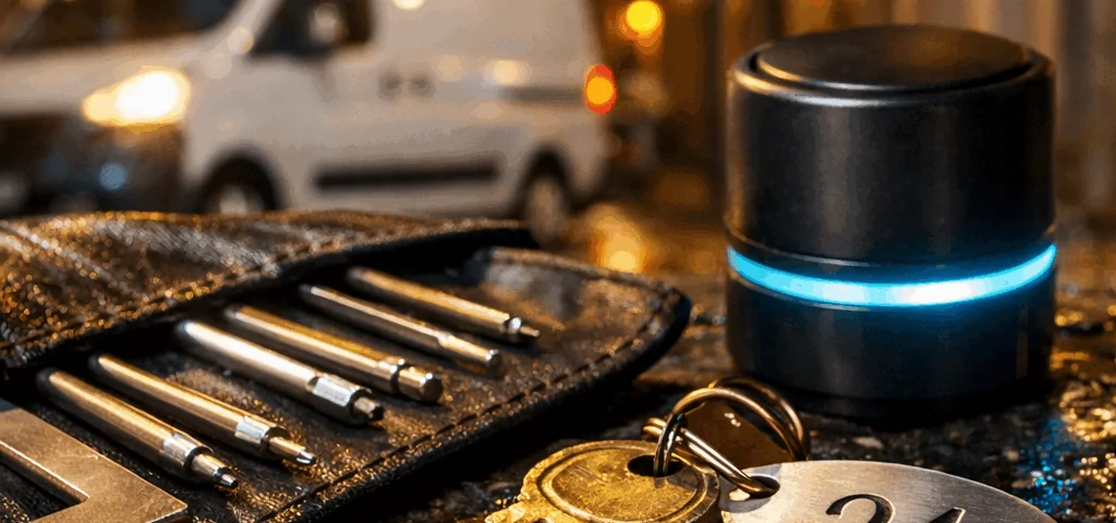 Llave de bronce y llavero con "24" sobre adoquines mojados; herramientas y candado en un ambiente nocturno de Barcelona. Que compania ofrece el mejor servicio de cerrajeria las 24 horas en Barcelona.