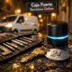 Llave de bronce y llavero con "24" sobre adoquines mojados; herramientas y candado en un ambiente nocturno de Barcelona. Que compania ofrece el mejor servicio de cerrajeria las 24 horas en Barcelona.