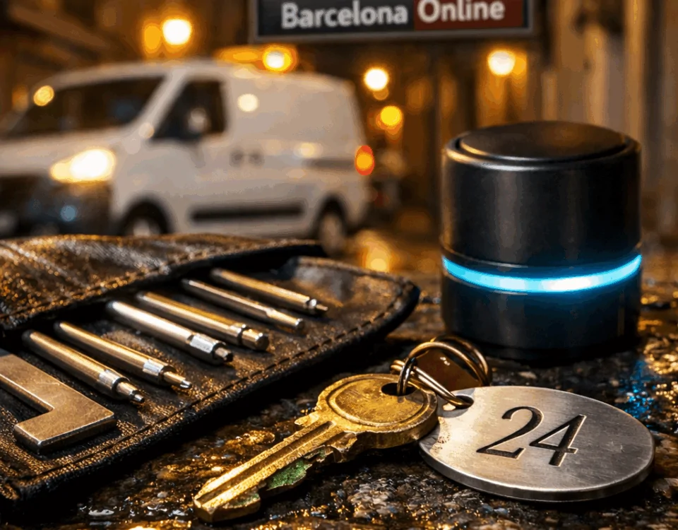 Llave de bronce y llavero con "24" sobre adoquines mojados; herramientas y candado en un ambiente nocturno de Barcelona. Que compania ofrece el mejor servicio de cerrajeria las 24 horas en Barcelona.