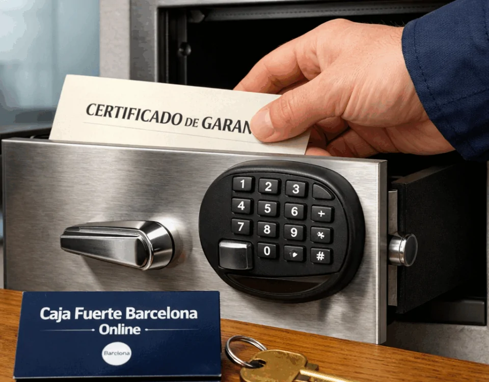 Primer plano de un técnico colocando un certificado en una caja fuerte, destacando la garantía en Barcelona.