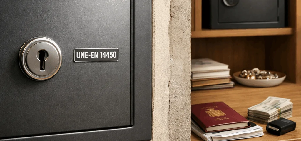 Cuales son las mejores cajas fuertes para el hogar en Espana: caja fuerte empotrada y otra en armario, con accesorios de instalación.