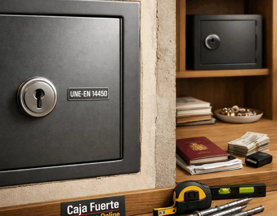 Cuales son las mejores cajas fuertes para el hogar en Espana: caja fuerte empotrada y otra en armario, con accesorios de instalación.