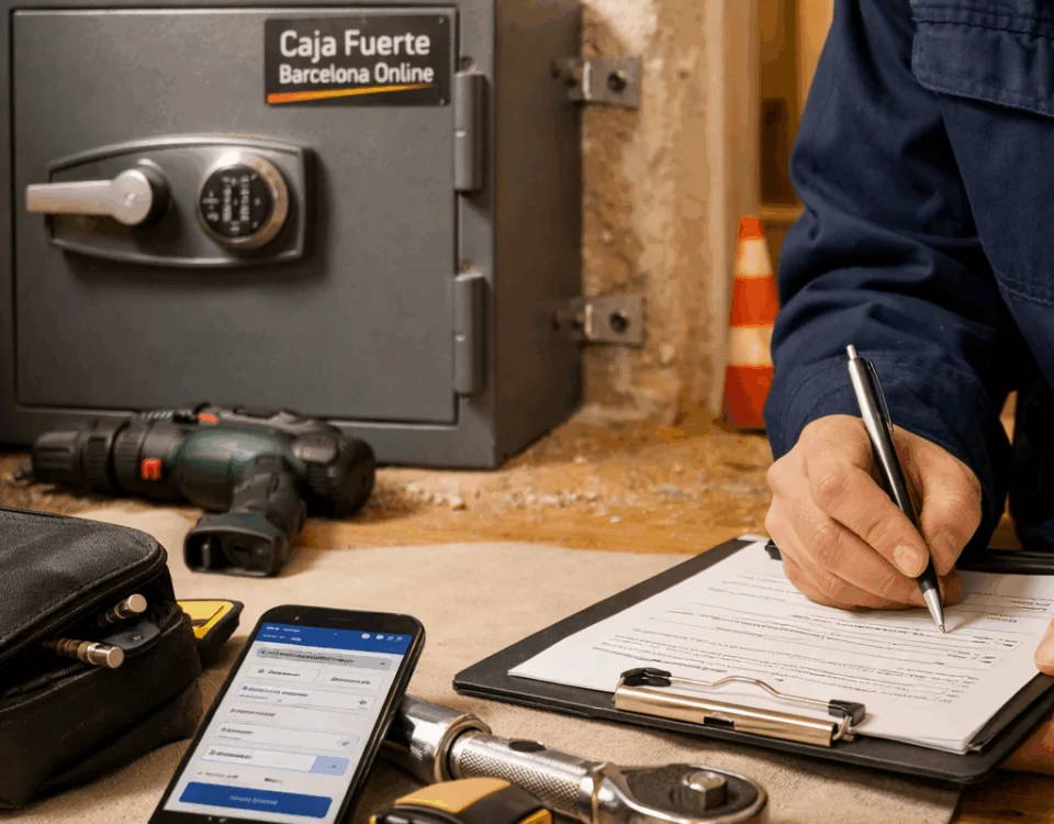 Que empresas ofrecen servicios de instalacion de cajas fuertes en Espana: técnico instala caja fuerte con herramientas y checklist.