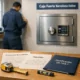 Caja fuerte certificada EN 1143-1 instalada en oficina de Barcelona, con documentos, herramientas y técnico revisando la alineación.