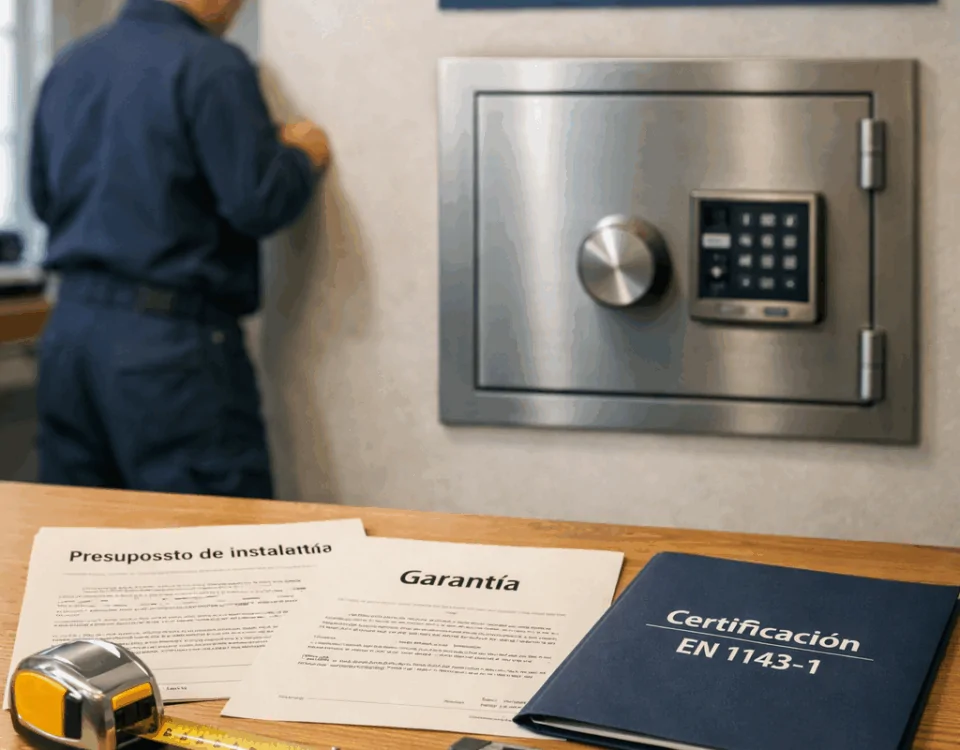 Caja fuerte certificada EN 1143-1 instalada en oficina de Barcelona, con documentos, herramientas y técnico revisando la alineación.