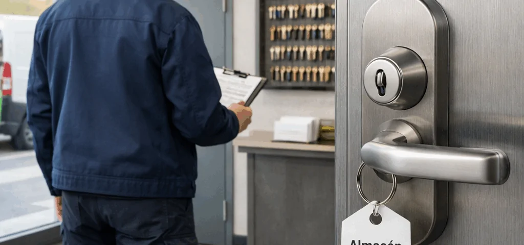 Cerrajero inspecciona una puerta comercial reforzada en Valencia; Que servicios de cerrajeria ofrecen soluciones completas de seguridad para empresas en Valencia