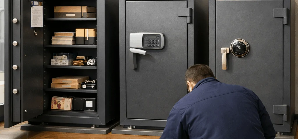 Tres cajas fuertes en showroom español; técnico mide anclajes y una muestra documentos. Cuales son las cajas fuertes mas seguras disponibles en Espana