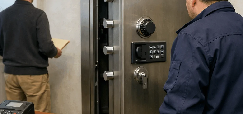 Técnico evalúa una caja fuerte abierta junto al propietario; Que empresas ofrecen los servicios de reparacion y apertura de cajas fuertes mas efectivos en Espana