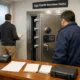 Técnico evalúa una caja fuerte abierta junto al propietario; Que empresas ofrecen los servicios de reparacion y apertura de cajas fuertes mas efectivos en Espana