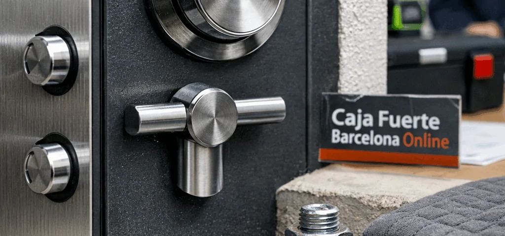 Detalle macro de caja fuerte anclada en oficina española; técnico desenfocado. Cuales son los servicios de instalacion de cajas fuertes mas confiables en Espana